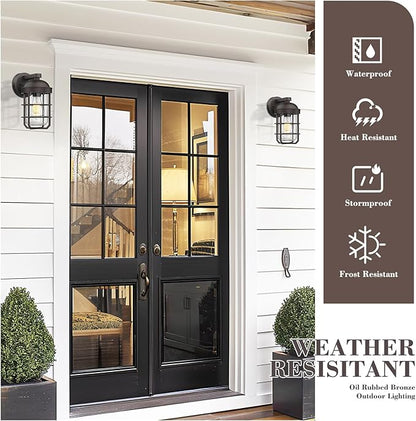 Emliviar 2 Packs Outdoor Wall Lamps, Patio Wall Lighting Waterproof with Clear Tempered Glass, Vintage Exterior Lights in Oil Rubbed Bronze Finish, GE255BL-2PK ORB