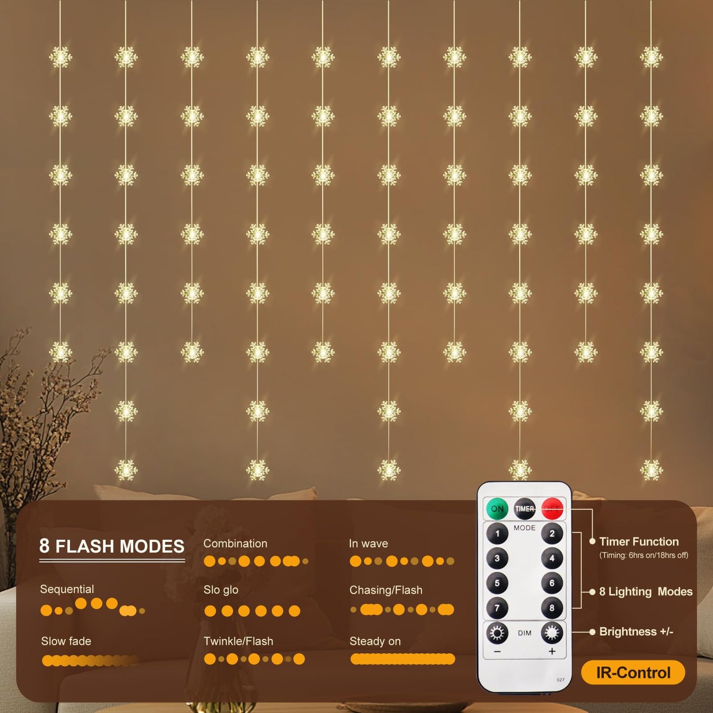 Patioman Snowflake Curtain Lights, Warm White Window Lights 70 Snowflakes Hanging Light with Remote Fairy Led Twinkle String Lights Home Bedroom Wall Décor for Christmas, Wedding, Party, Birthday