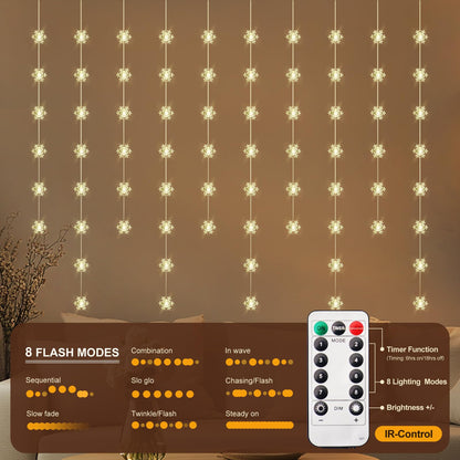 Patioman Snowflake Curtain Lights, Warm White Window Lights 70 Snowflakes Hanging Light with Remote Fairy Led Twinkle String Lights Home Bedroom Wall Décor for Christmas, Wedding, Party, Birthday