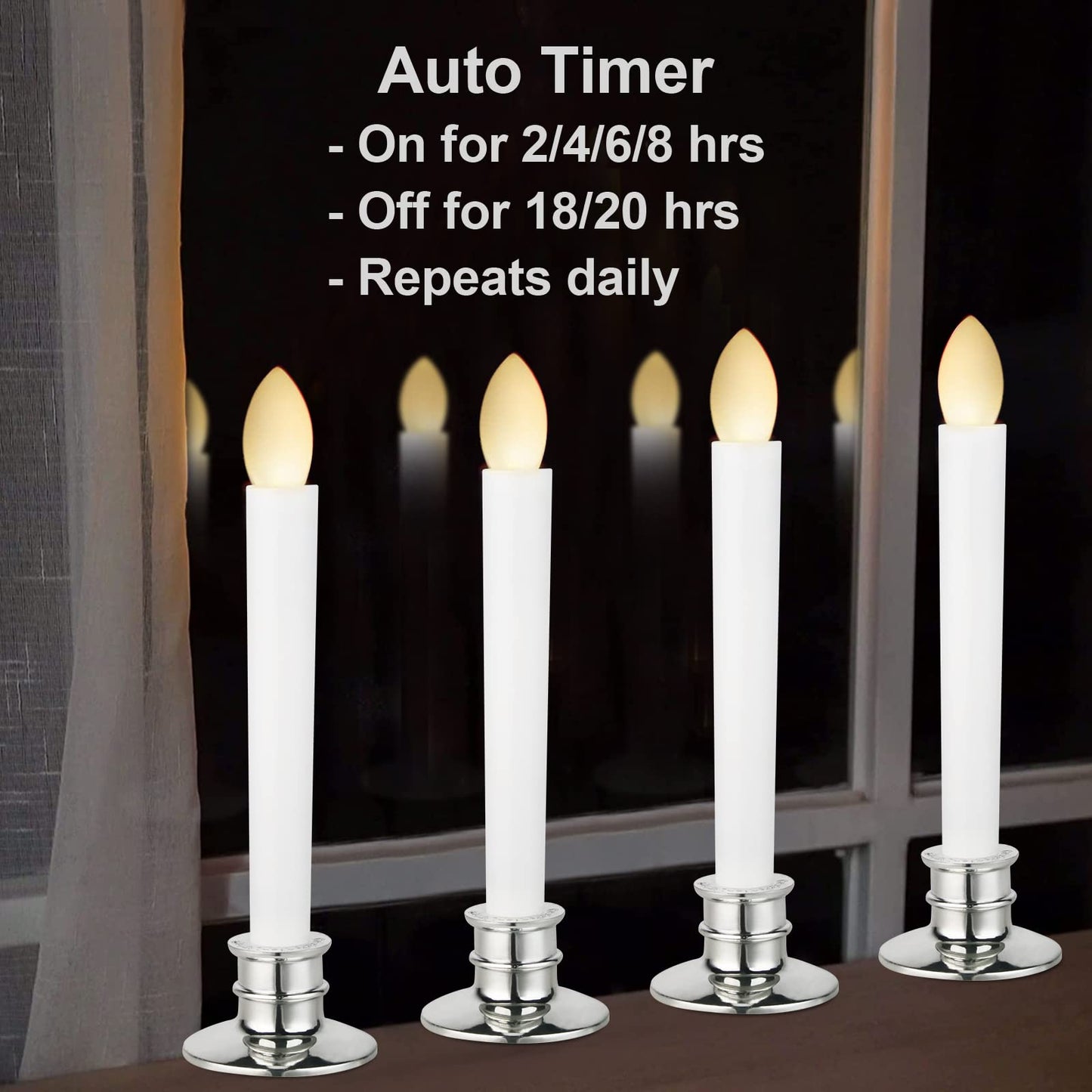 CelebrationLight 10 Pack Flameless Taper Candles with Remote/Timer, Battery Operated Flickering LED Window Candles, Vintage Christmas Electric Fake Candlesticks, Silver Holder