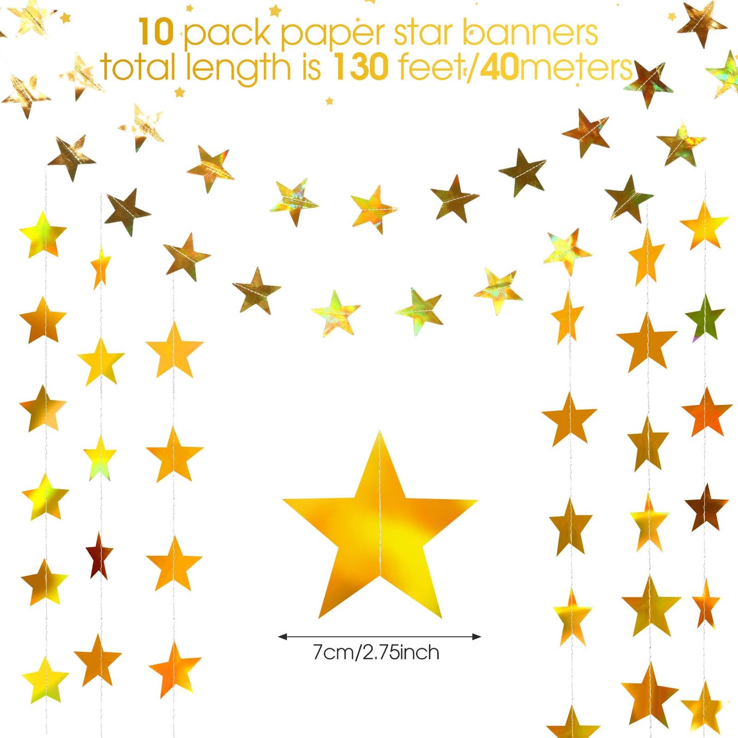 Patelai Glitter Star Garland Banner 2026 Graduation Decor 130 Feet Star Hanging Banner Twinkle Backdrop for Party Birthday Classroom Wedding Supplies(Iridescent Gold)