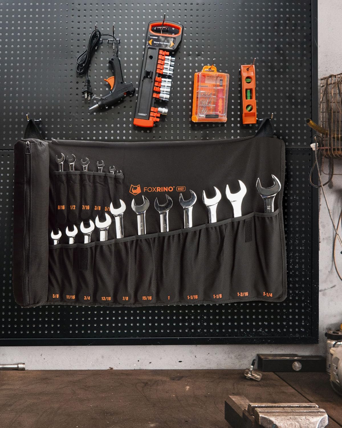 Foxrino Wrench Roll, Wrench Roll Up Pouch, 17-Pocket Heavy Duty Canvas Wrench Organizer Bag for SAE Combination Wrenches, Portable Tool Roll Bag, Gifts for Men for Fathers Day (Black, 17+1 SAE)
