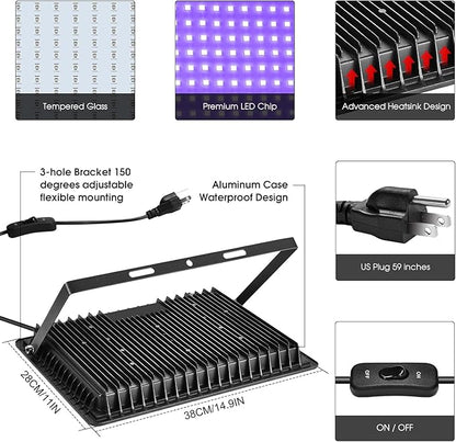 2 Pack 400W LED Black Light,Black Flood Light Outdoor with Plug and Switch, IP66 Waterproof 395nm to 405nm LED UV Blacklight Neon Glow for Glow Party, Halloween, Fluorescent Poster, Body Paint