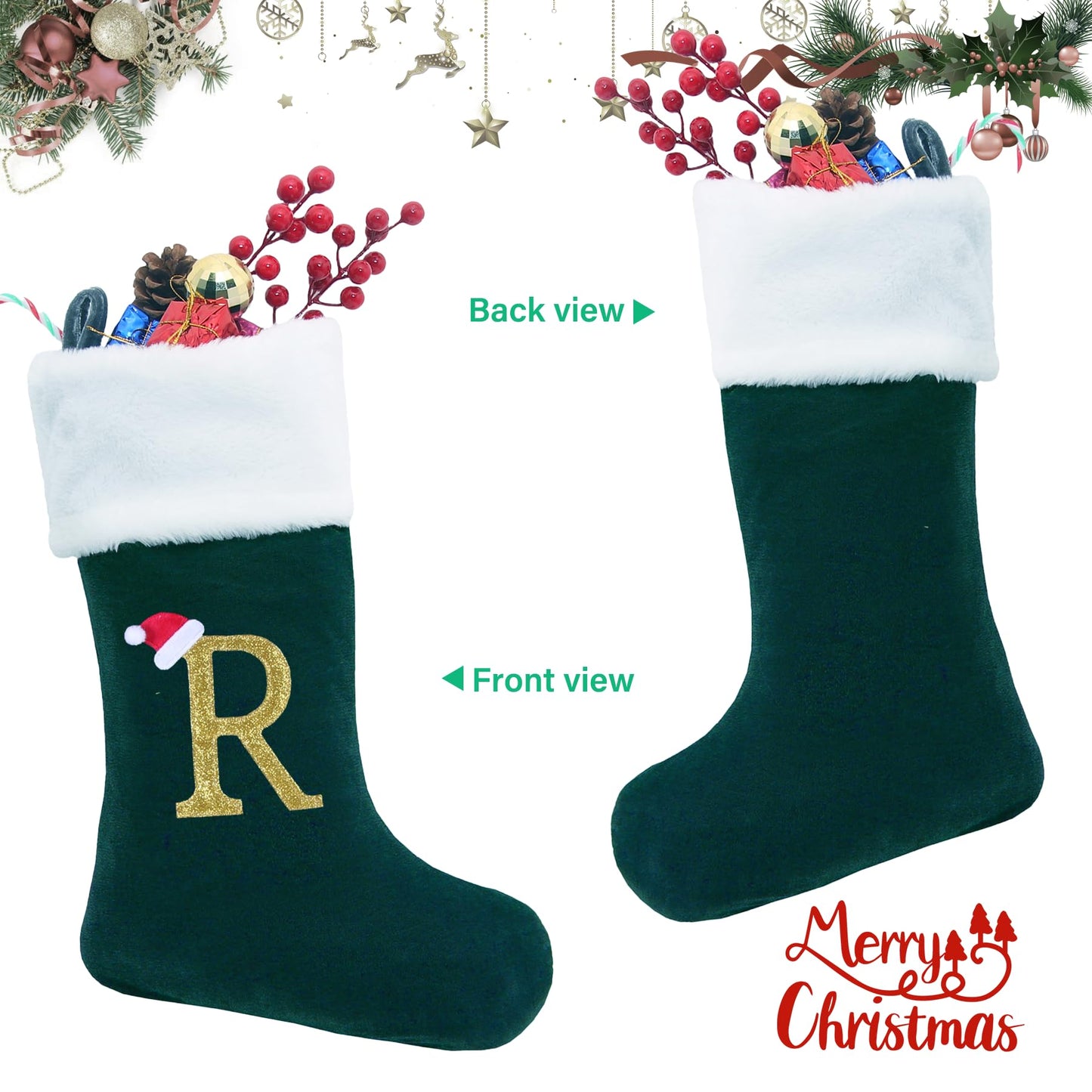 20 Inches Monogram Christmas Stockings with Letters, Large Super Soft Christmas Stockings Blackish Green Velvet with White Super Soft Plush Cuff for Xmas Tree Fireplace Gold Letter R