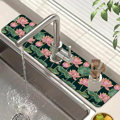 Lotus Pond Pattern Kitchen Sink Splash Guard Faucet Mat Lotus Flowers Leaves