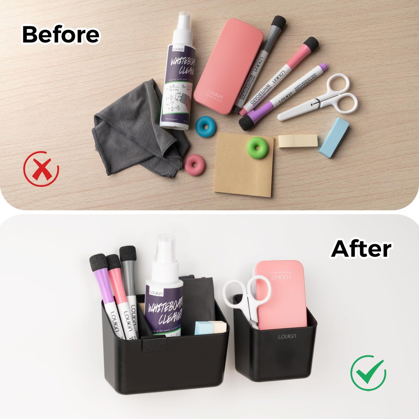 loukin Magnetic & Adhesive Dry Erase Marker Holder with Divider, 1 Small + 1 Mini, Magnetic Storage Organizer for Whiteboard or Refrigerators (Black)