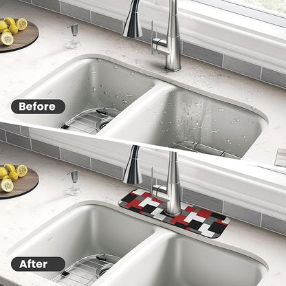Grey Black White Plaid Square Red 15" X 5.5" Kitchen Sink Splash Guard Faucet