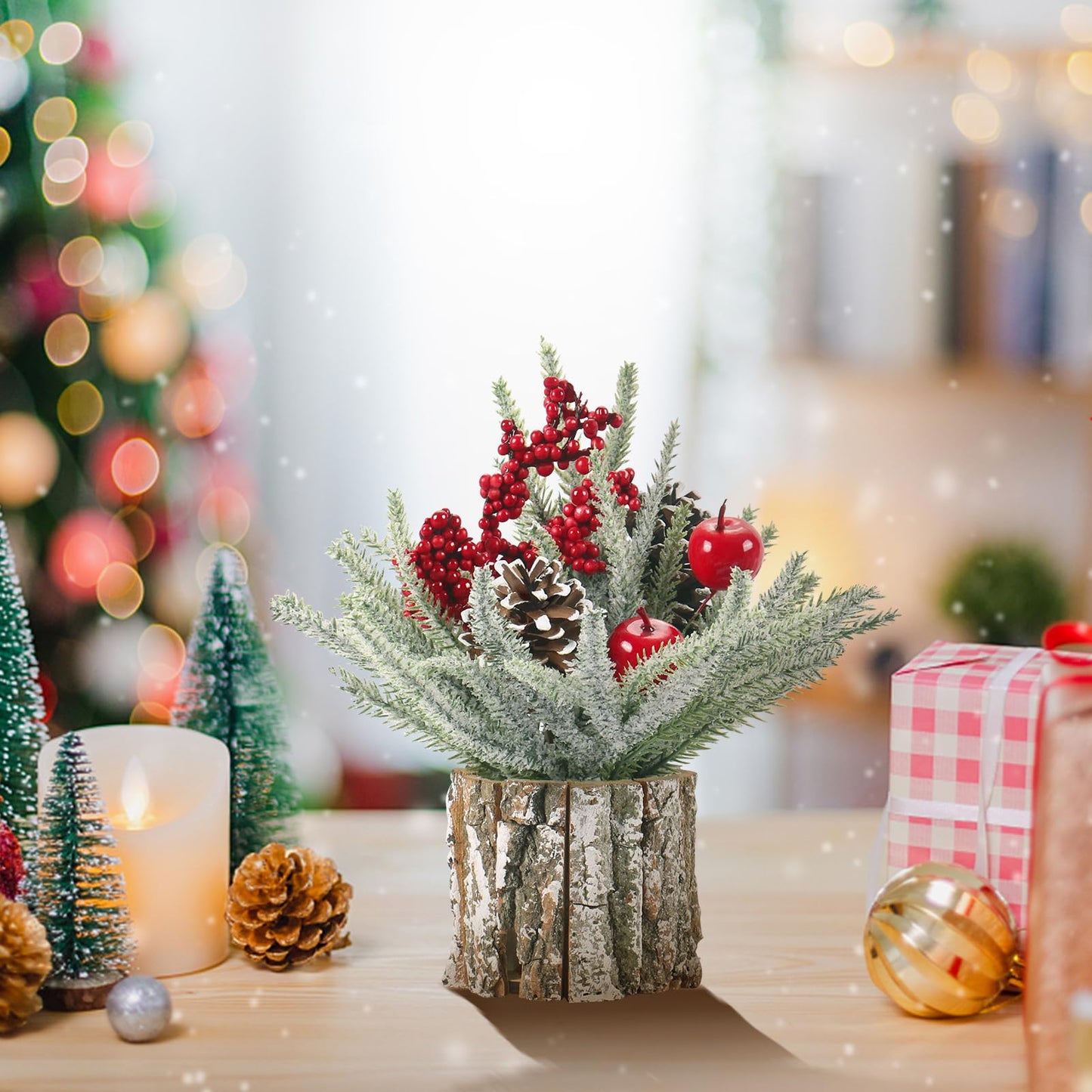 Super Holiday Small Christmas Tree, Artificial Mini Tabletop Christmas Tree Decorations Include Apple/Berry/Pinecone, for Home Party Thankgivings Christmas Decor, Indoor 13.7 Inch