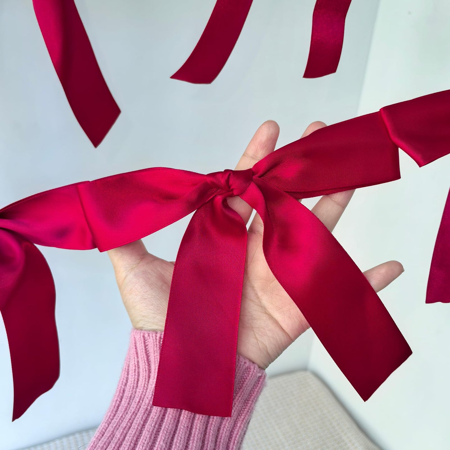 Eanjia Pre-Assembled Red Bow Garland | Double Side Satin Silk Bow Banner and Extend Ribbon for Coquette Birthday Bridal Shower & Bachelorette Party,Read to Hanging (Red, 6ft)