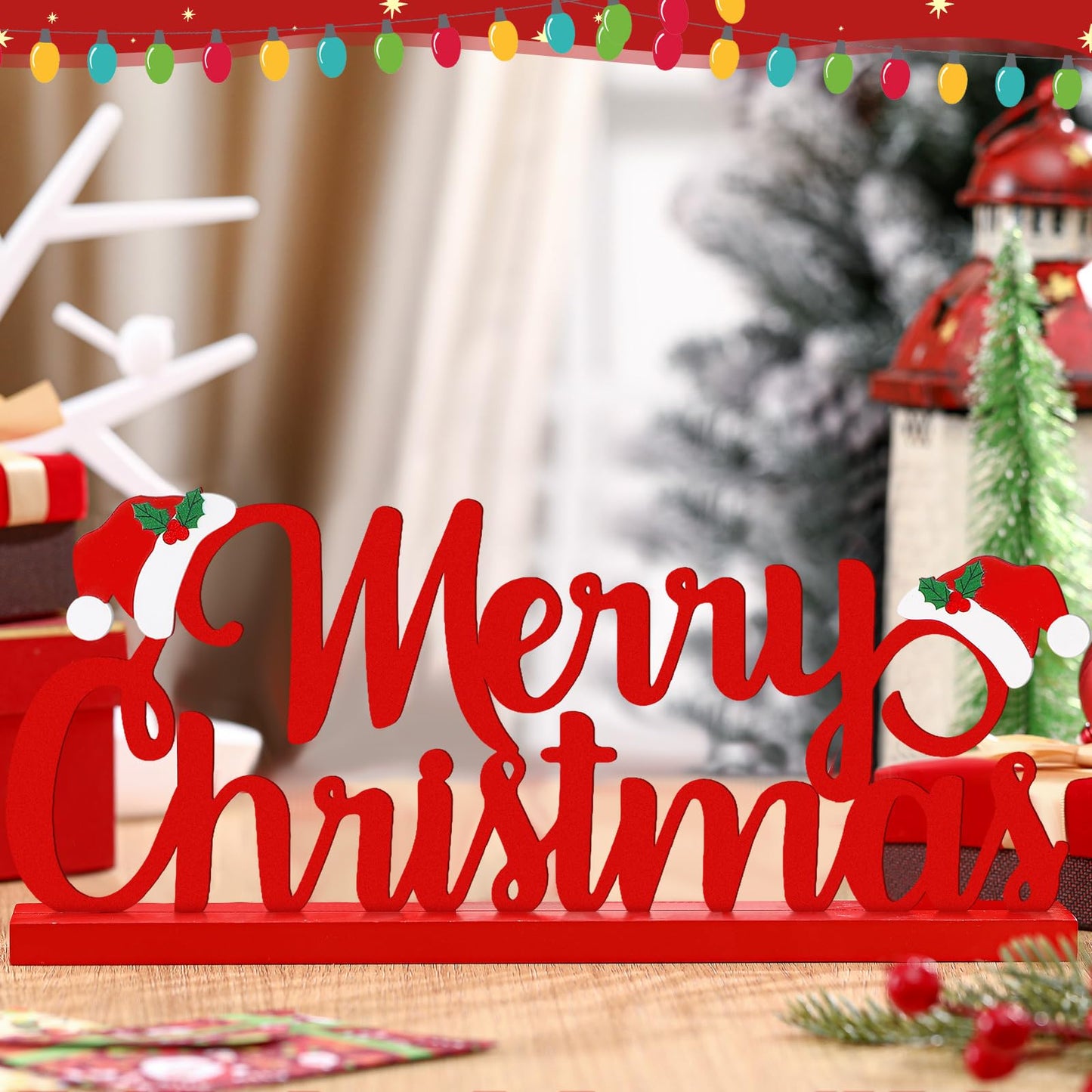 Realspring Merry Christmas Metal Sign Red Christmas Table Decoration Xmas Tiered Tray Decor Freestanding Metal Word Sign with Wooden Base for Xmas Home Tabletop Centerpiece Mantel Fireplace