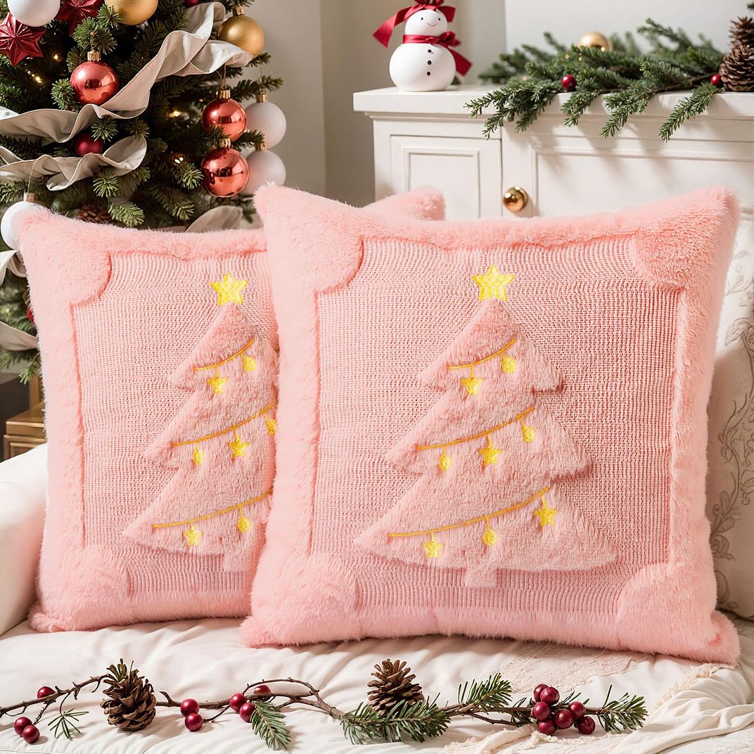 SEGXCFL Christmas Pillow Covers Set of 2 Soft Plush Faux Fur Pillow Cases 3D Embroidered Decorative Couch Cover Home Decor Christmas Throw Pillow Covers 18x18,Pink Christmas Tree