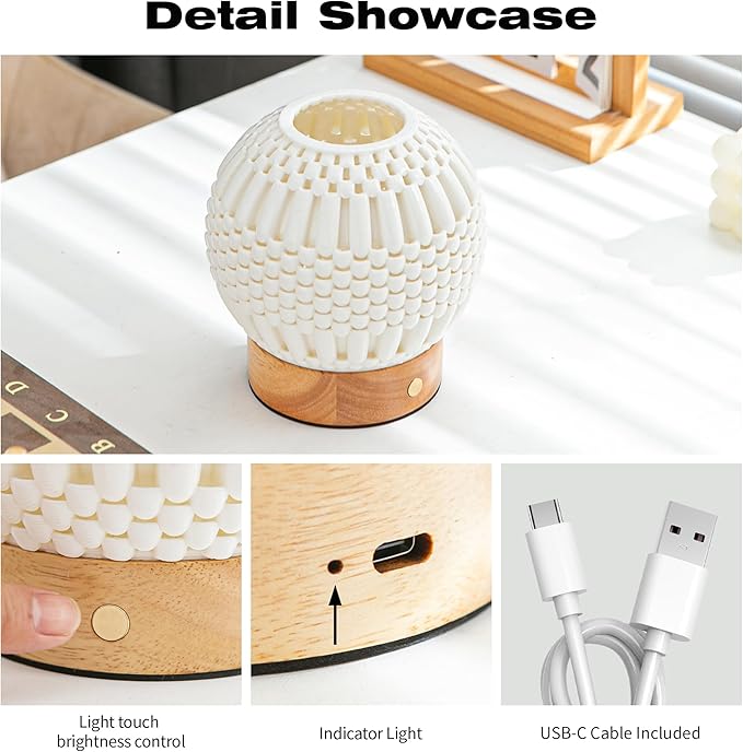 Touch Bedside Table Lamp - 3D Printed Modern Ceramic Lamp for Bedroom, Living Room, Nightstand, Desk, with Wooden Base, 3-Color Dimmable Modes, USB-C Powered (PSL25059)
