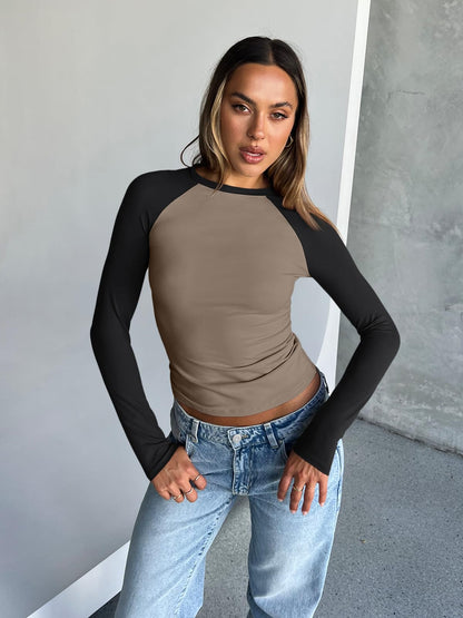 Trendy Queen Womens Long Sleeve Shirts 2025 Fall Fashion Outfits Clothes Slim Fitted Basic Tee Going Out Crop Tops Cute Y2k Teen Girl Color Block T Tshirts Clothing