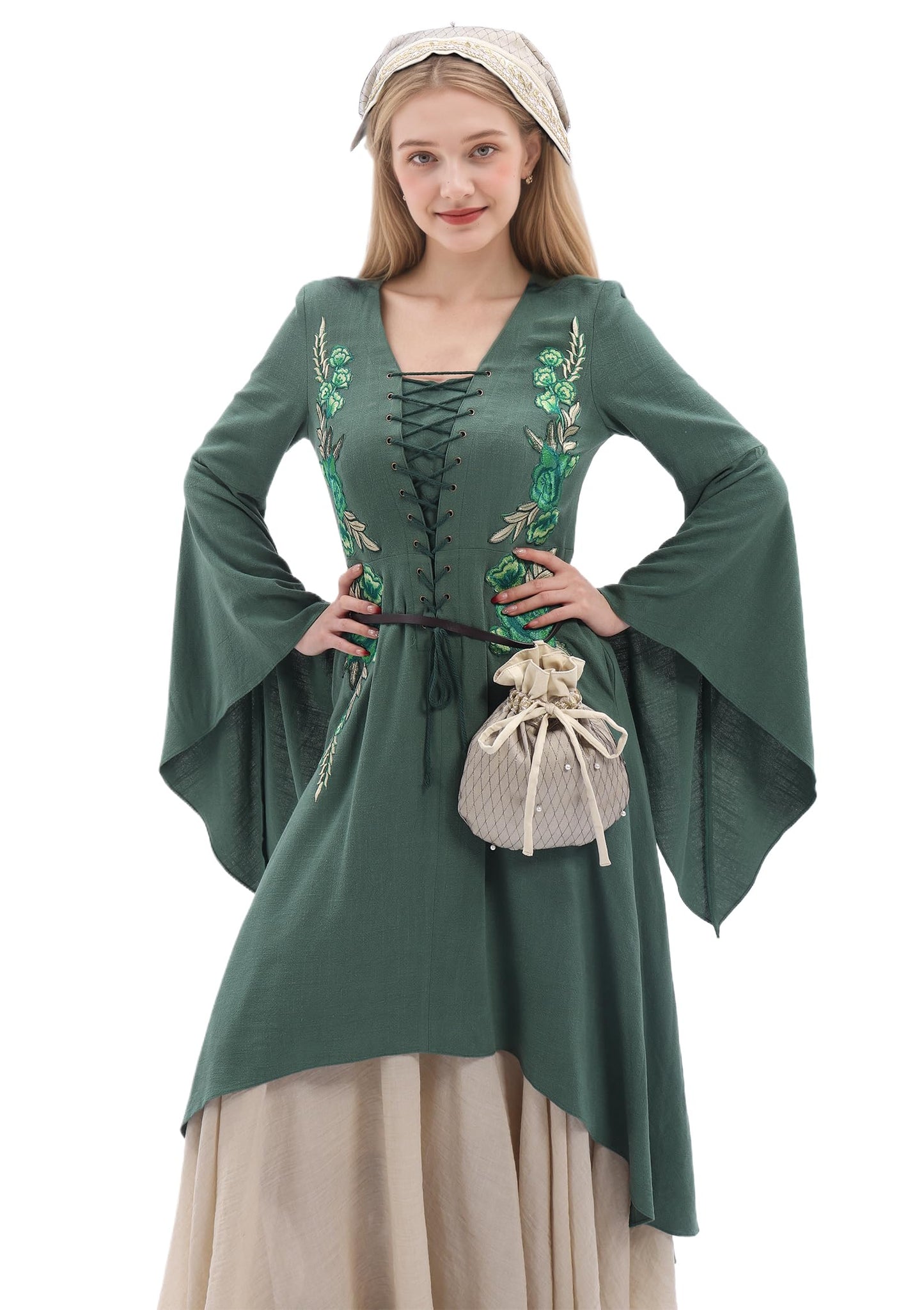 Medieval Velvet Pouch with Beads Drawstring Belt Purse Renaissance Waist Coin Bag for Ren Faire (Ivory)