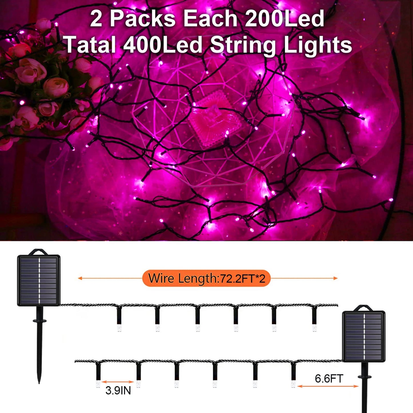 YAOZHOU Valentines Day Solar Christmas String Lights Outdoor Pink 2 Pack 144ft 400LED Fairy Lights with 8 Modes, IP44 Waterproof Lights for Tree Garden Patio Wedding Party Yard Decor