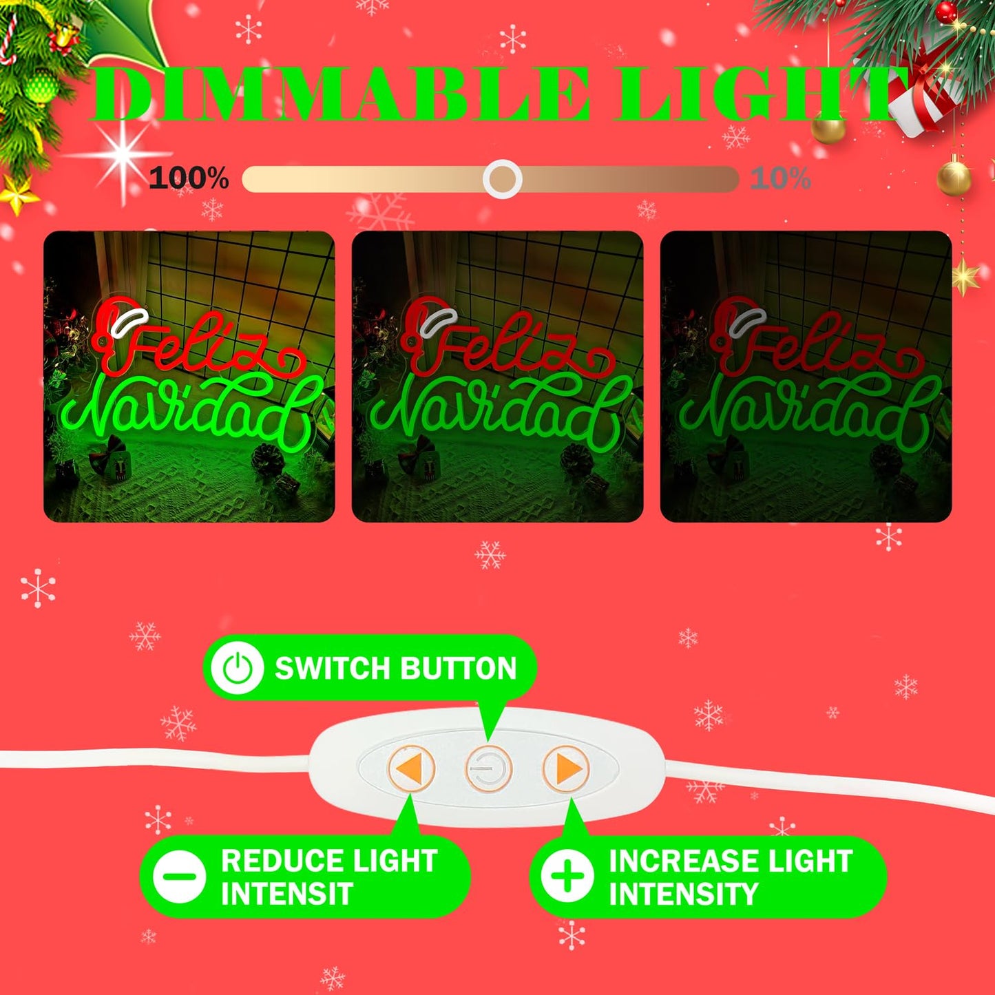 Merry Christmas Neon Sign Dimmable Feliz Navidad Neon Sign for Wall Decor LED Neon Mexican Christmas Decorations for Window, Bedroom, Living Room, Feliz Navidad Backdrop Neon Light for Party Gift