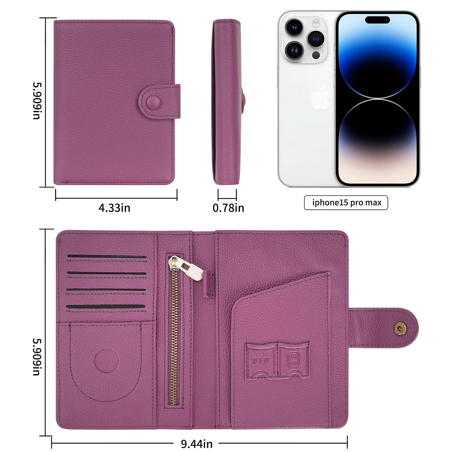 WASON Leather Passport Cover Wallet - Travel Passport Holder with RFID, Card Slots, Cash Pocket, Coin Purse, Tracker Slot, Boarding Pass and Ticket Organizer for Men and Women (Purple)