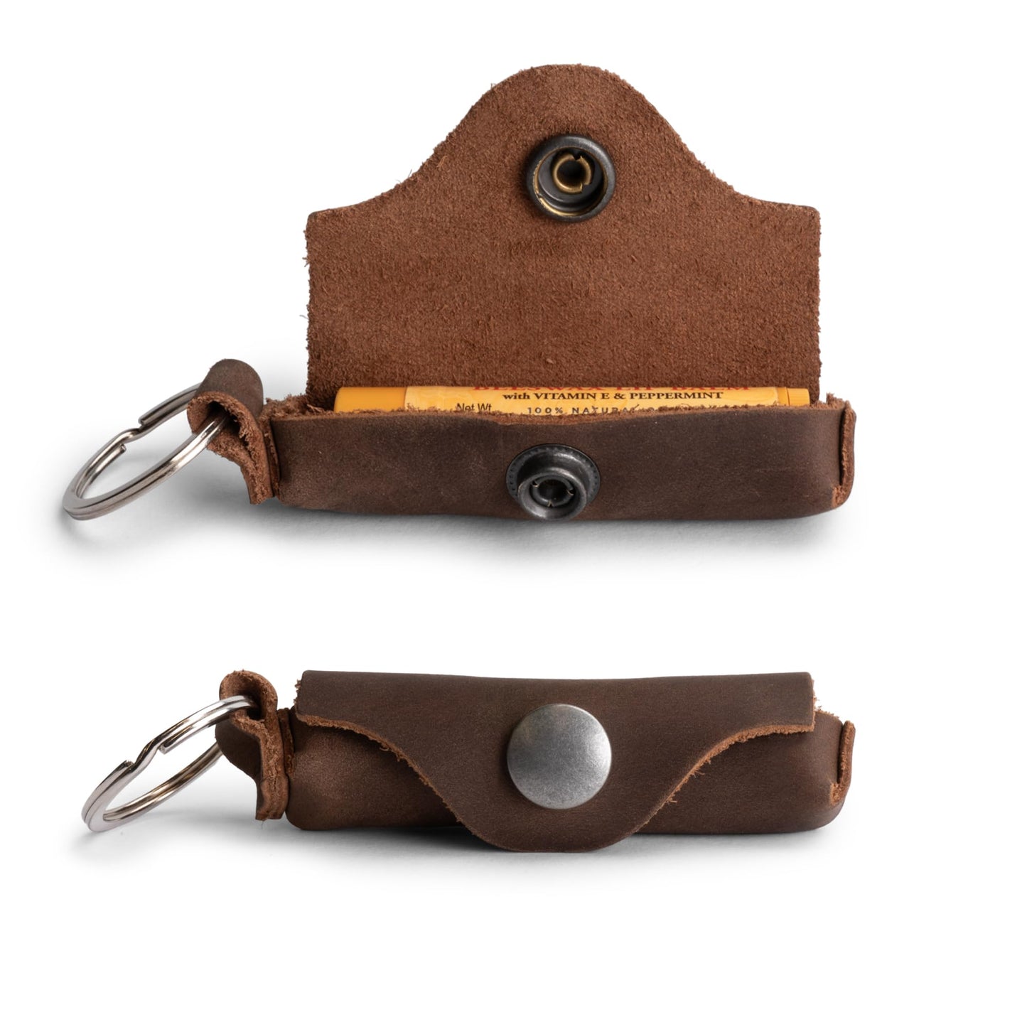Hide & Drink, Lip Balm Keychain Holder, Lip Protection, Classic Vintage, Brass Metal Clasp, Full Grain Leather, Handmade, Bourbon Brown