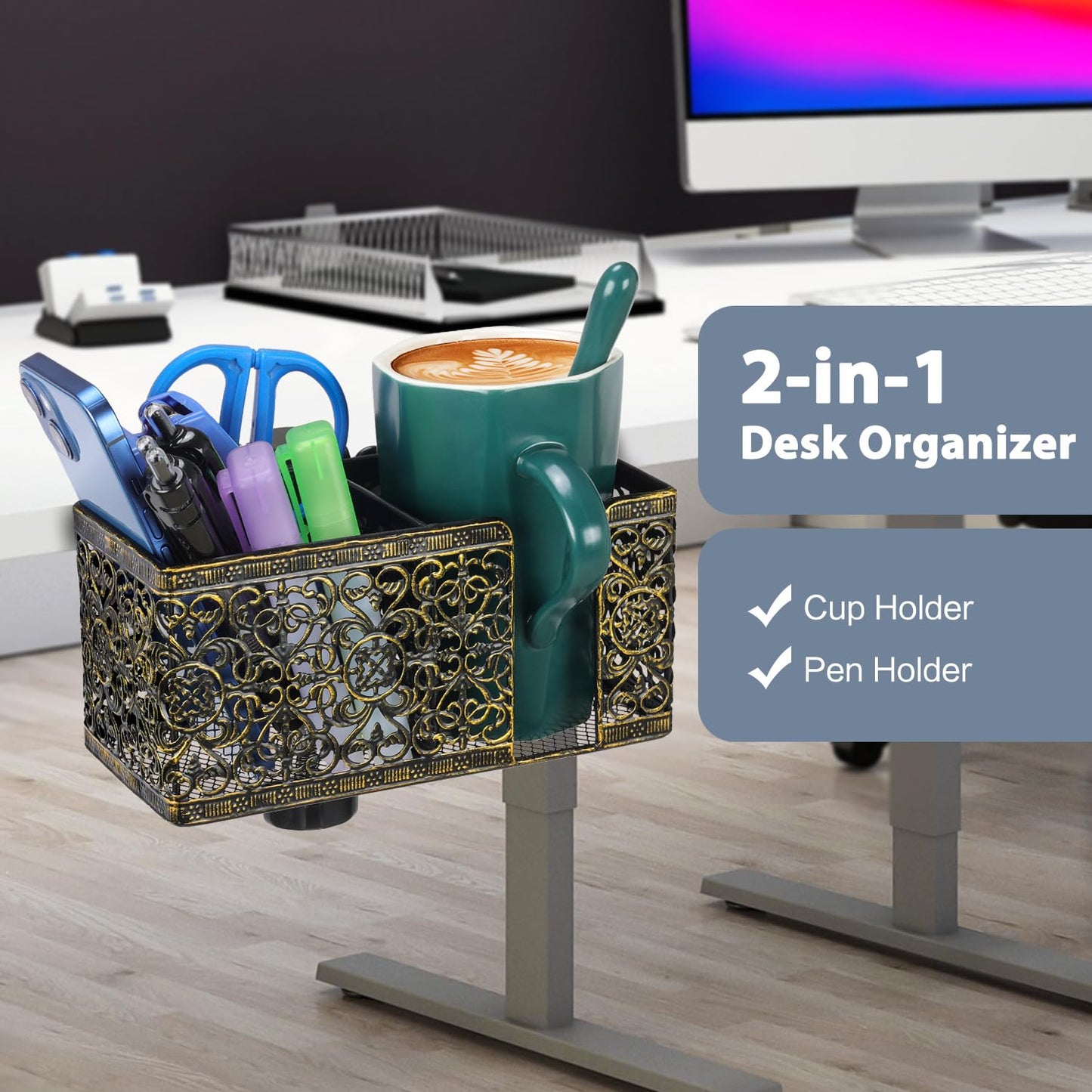 Aurynns Desk Organizer Clip on Desk Cup Holder Pencil Holder for Desk Storage Beverages Phone Holder Desk Organizer and Accessories Office School Home