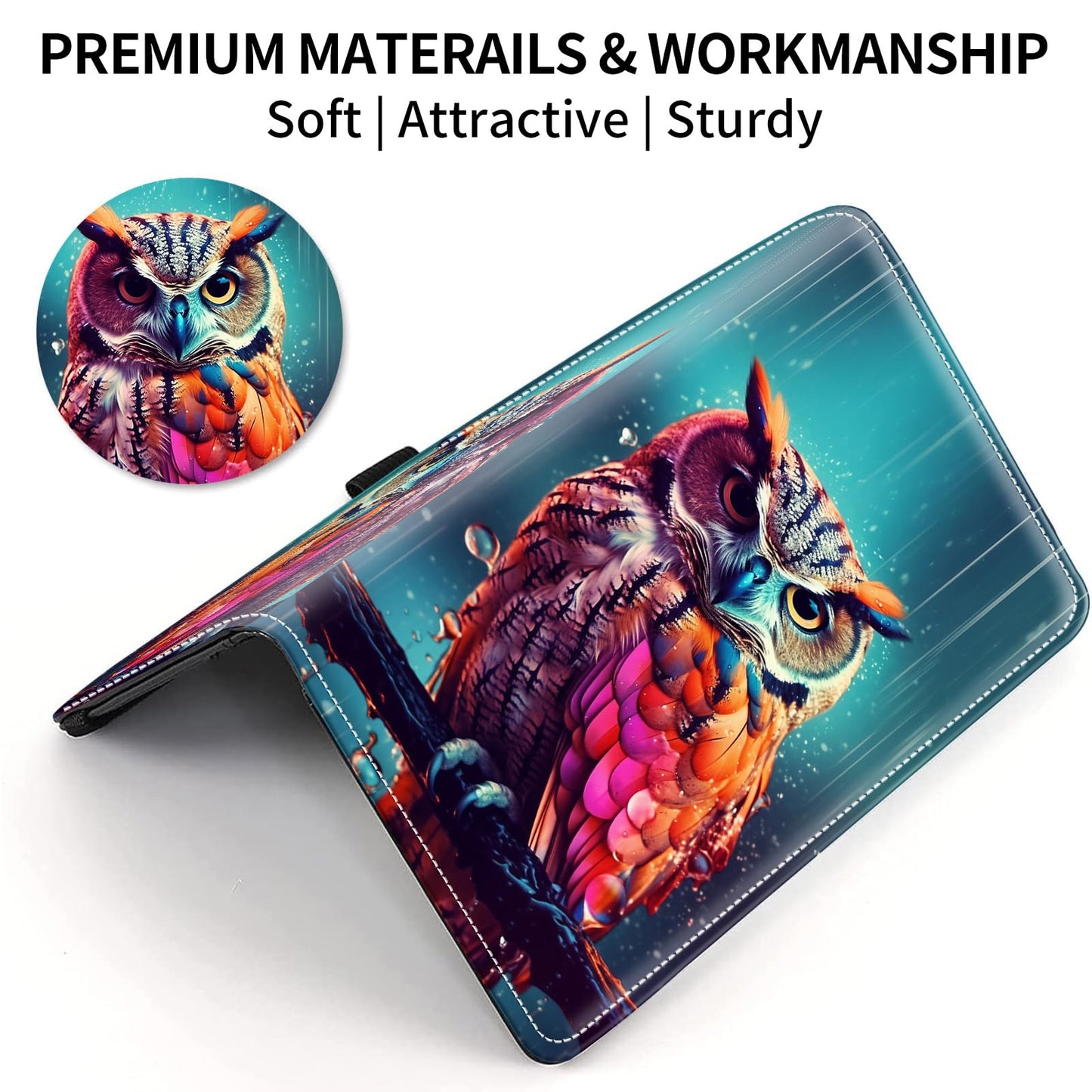 WZCJDHMJ Leather Checkbook Covers for Personal Checkbook Check book Holder Cover Wallets for Women Men,RFID-Blocking Slim Checkbook Cover for Duplicate Checks with Elastic Strap,Colorful Owl