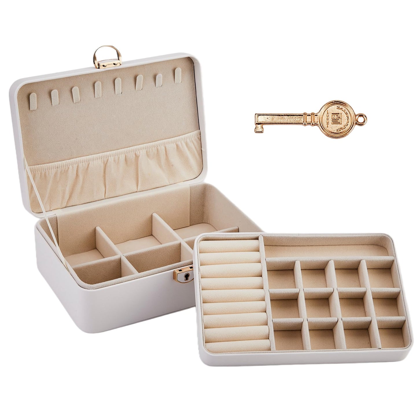 GarveeHome 1PC 2-Layer Jewelry Box Organizer, PU Leather Lockable Jewelry Storage Case for Women Girls, White/Champagne, Portable Display Box for Rings, Necklaces, Earrings