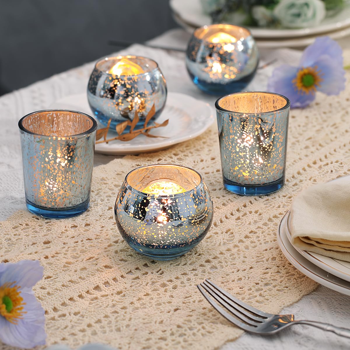 LETINE 36pcs Blue Votive Candle Holders - Elegant Mercury Glass Tea Light Candle Holder Set for Weddings, Holiday Season Decorations,Christmas Table Centerpieces