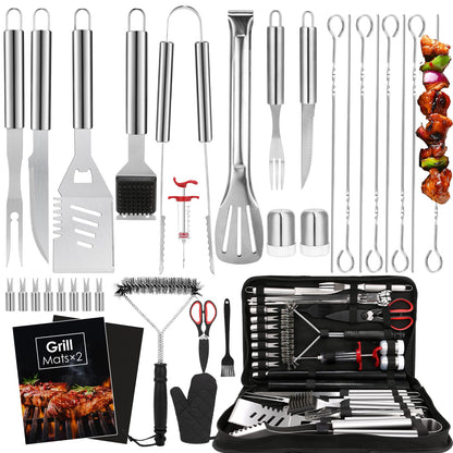 Yoehka BBQ Grilling Accessories Set, 34Pcs Heavy Duty Grill Tools for Outdoor Camping, Grilling Gifts for Men Dad, Stainless Steel Barbecue Utensils Kit with Mats and Glove in Carrying Bag, Silver