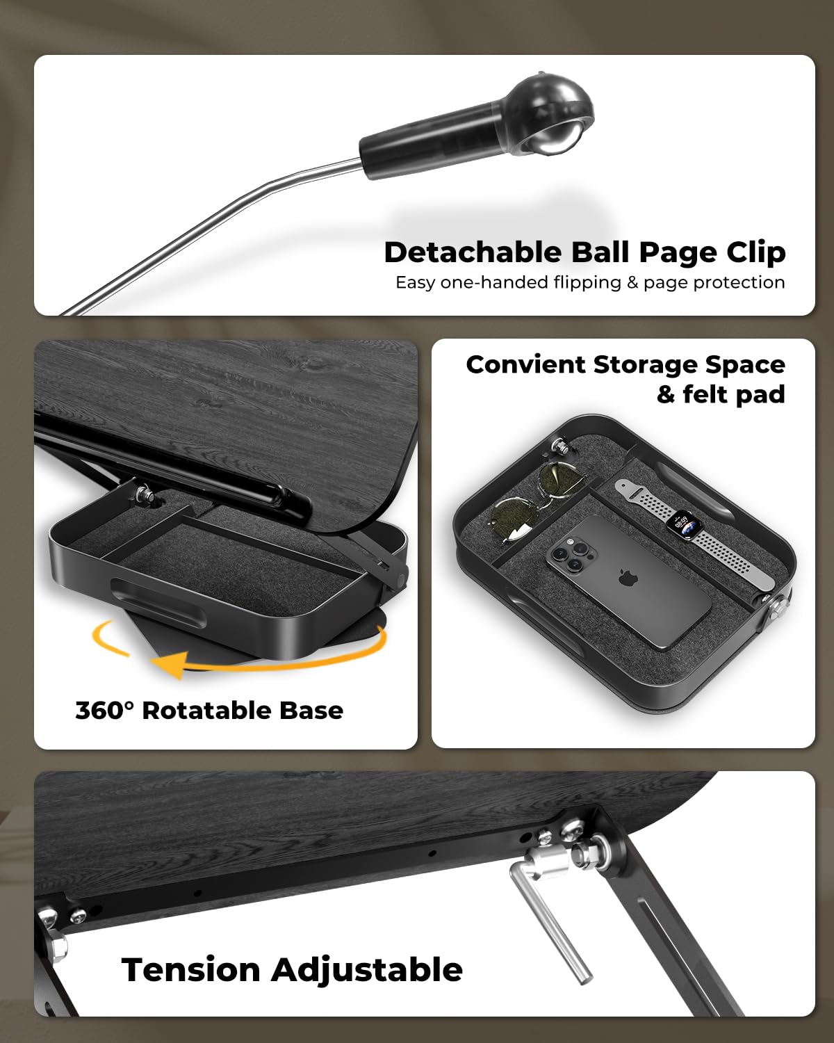 Adjustable Book Stand with Storage Drawer, 360° Rotating Book Holder, Height & Angle Adjustable, Extra-Wide Page Clips for Thick Books, Wood & Aluminum Book Stand for Desk, Study, Kitchen