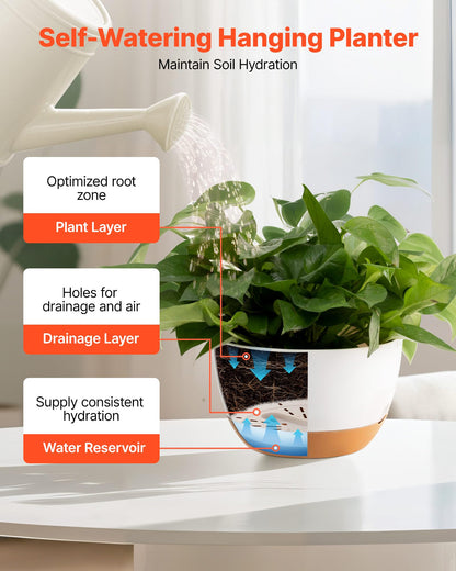 VEVOR Hanging Planters, 10 Inch Self-Watering Hanging Planter, 2 Pack Flower Pots with Drainage Hole & 2 Kinds of Plant Hangers, Plastic Basket Pots, for Garden Home Decor, Indoor & Outdoor Plants