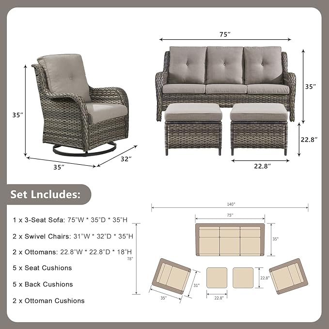 Rilyson Wicker Patio Furniture Set - 5 Piece Rattan Outdoor Sectional Conversation Sets with 2 Rocking Swivel Chairs,2 Ottomans and 1 Sofa for Porch Deck Garden(Mixed Grey/Grey)