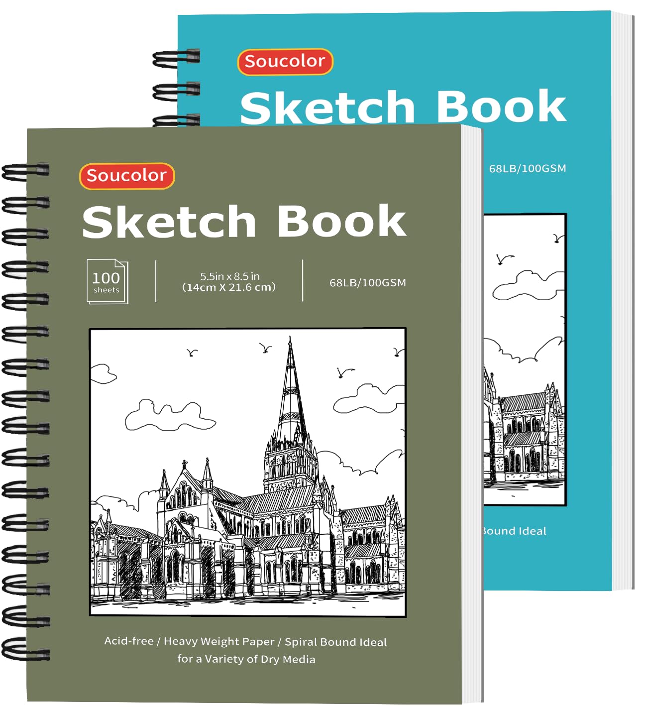 Soucolor 5.5" x 8.5" Sketchbook Pack of 2, 200 Sheets Blank Journal Notebook, A5, Spiral Bound Sketch Pad Drawing Book Acid-Free Paper (68lb/100gsm), Painting Sketching Drawing Notebook Art Supplies