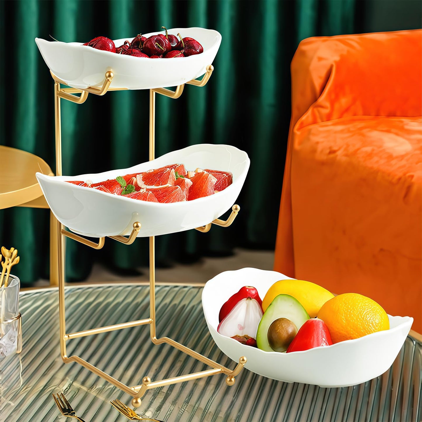 HOMKULA Ceramic Fruit Bowl for Kitchen Counter - 3 Tier Fruit Basket with Metal Stand, Tiered Fruit Stand for Countertop, Snack, Nuts, Cake, Dessert, Cute (Gold, Small) 1