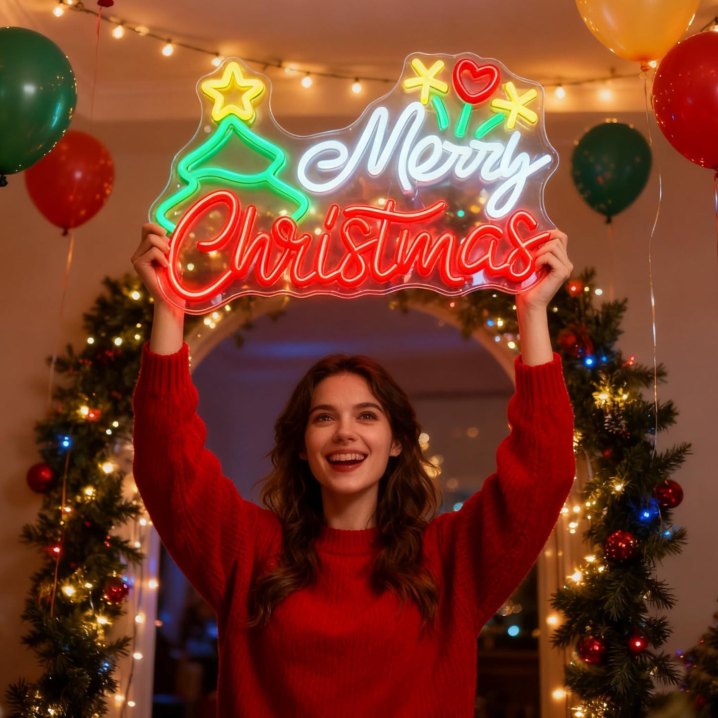 Modern Merry Christmas Neon Sign with Tree & Santa Hat, LED Light Sign for Wall Decor, USB Powered Dimmable Indoor Christmas Window Lights for Home, Bedroom,Party, Bar, Xmas Decorations Gift