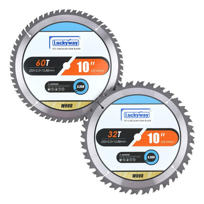 Luckyway 10 Inch Table Saw Blade/Miter Saw Blade for Ultra-Nice Wood Cutting in Construction, Two Pack of 60-Tooth & 32-Tooth