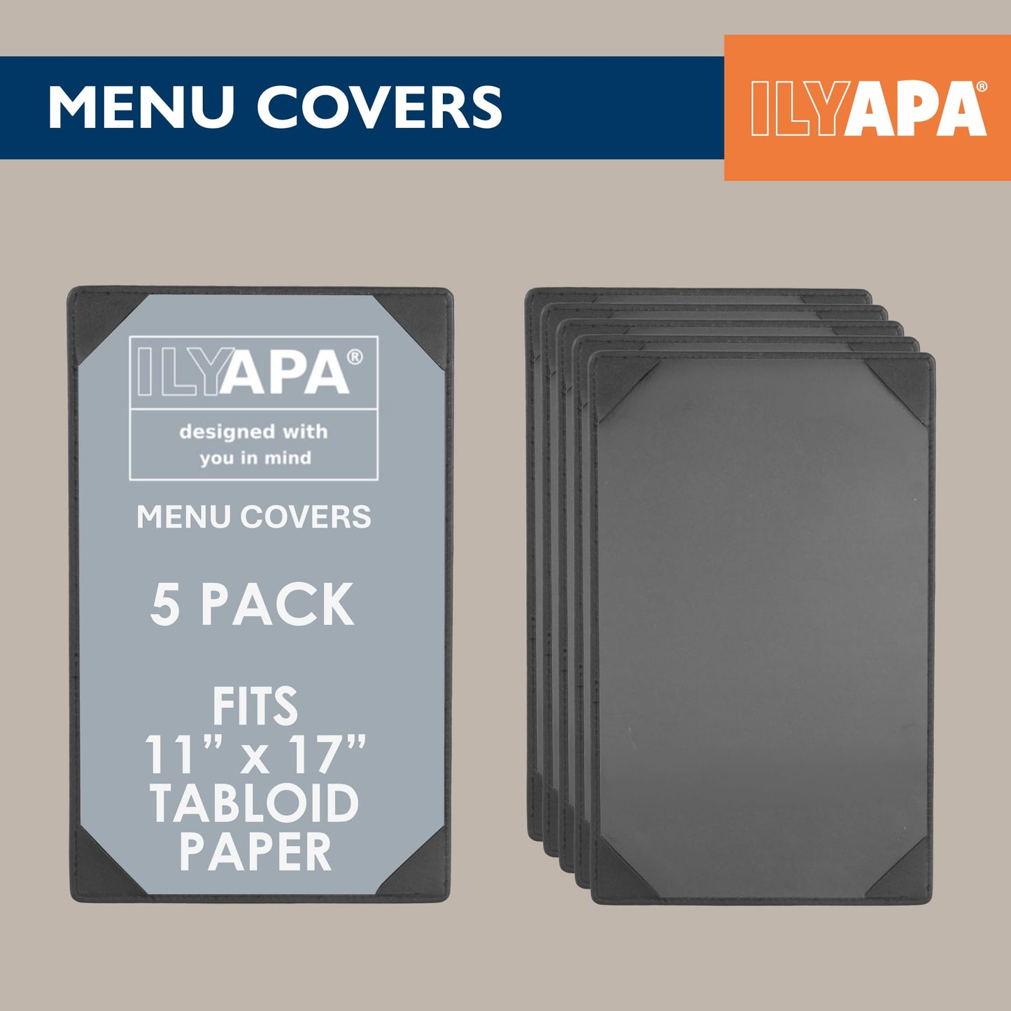 Ilyapa 5 Pack Restaurant Menu Covers 11 x 17 - Vinyl Leather Menu Holder, Single Sided Book with Corner Sleeves for Display of Wedding Menus, Weekly Kitchen Specials & Bar Drinks for Table Top