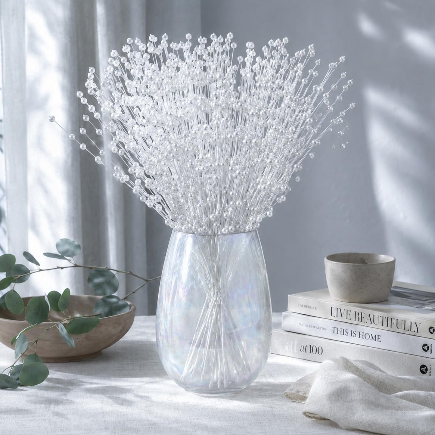 Alrhso 50 Pcs Pearl Floral Picks Pearl Bouquets 4mm Bead String Garland Floral Beaded Spray Filler Arrangements Christmas Tree Picks Wedding Decor (White)