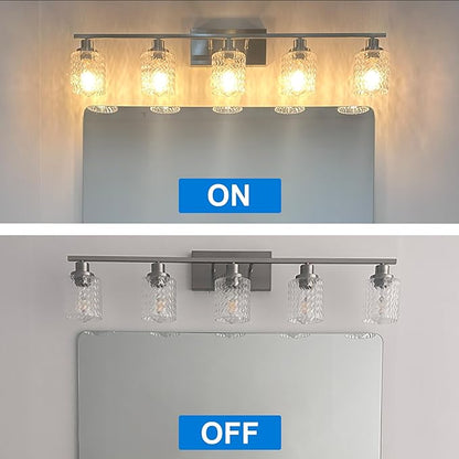 MELUCEE 5 Lights Brushed Nickel Bathroom Light Fixture Modern Light Fixtures Wall Mounted Modern Vanity Lighting with Hammered Glass Shade Suitable for Bathroom Mirror Sink Cabinet