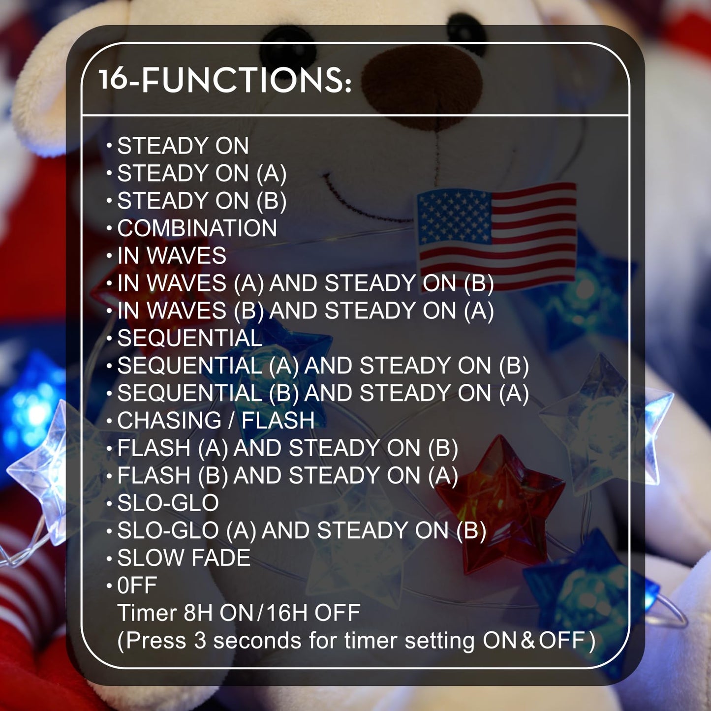 TWINGLEHOME 100LED Patriotic Star Lights with Copper Wire, Waterproof Adaptor and American Flag, Multifunctional Lighting Modes (Red, Cool White, Blue), Plug-in for Indoor Holiday, Nation Day