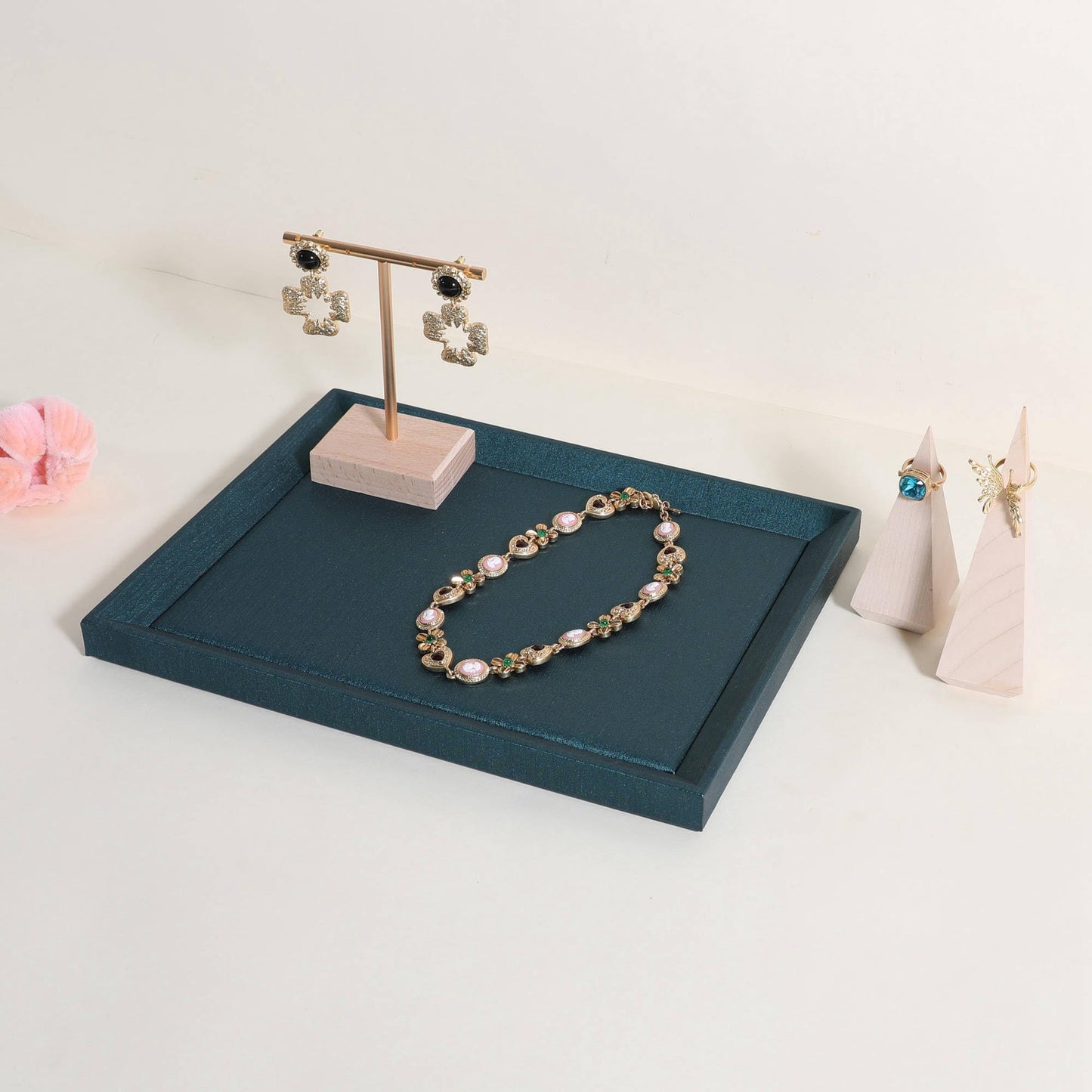 GemeShou Gemehou faux PU leather Jewelry Viewing Tray, Stackable Jewelry Plate, Rectangle Jewelry showcase, Empty Jewelry tray for Necklace Bracelet Ring Earring Watch (Green-Medium, 11.8 x 9.1 in)