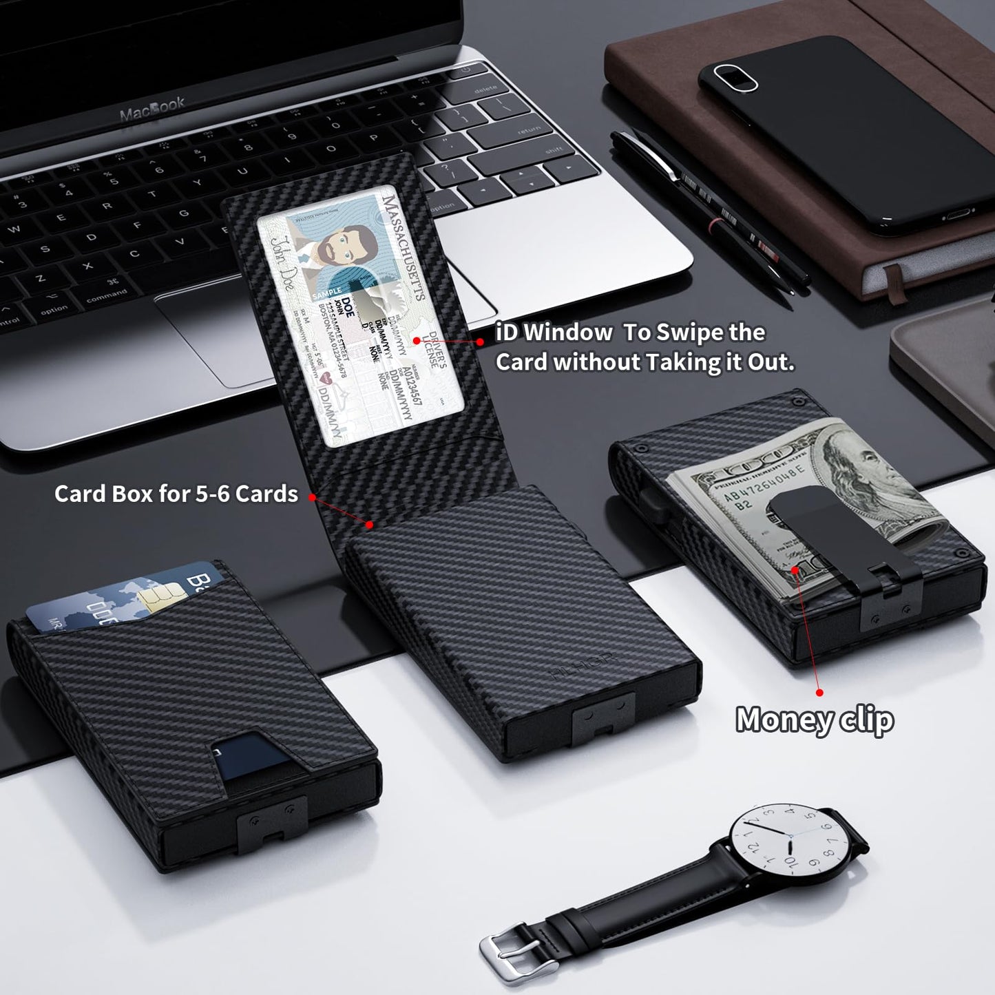 HLHGR Wallet for Men, Gift Boxed Slim Minimalist Wallet for Men with Money Clip and Genuine Leather Slots RFID Blocking Pop Up Metal Aluminum Smart Wallet Card Case (Carbon Fibre Black)