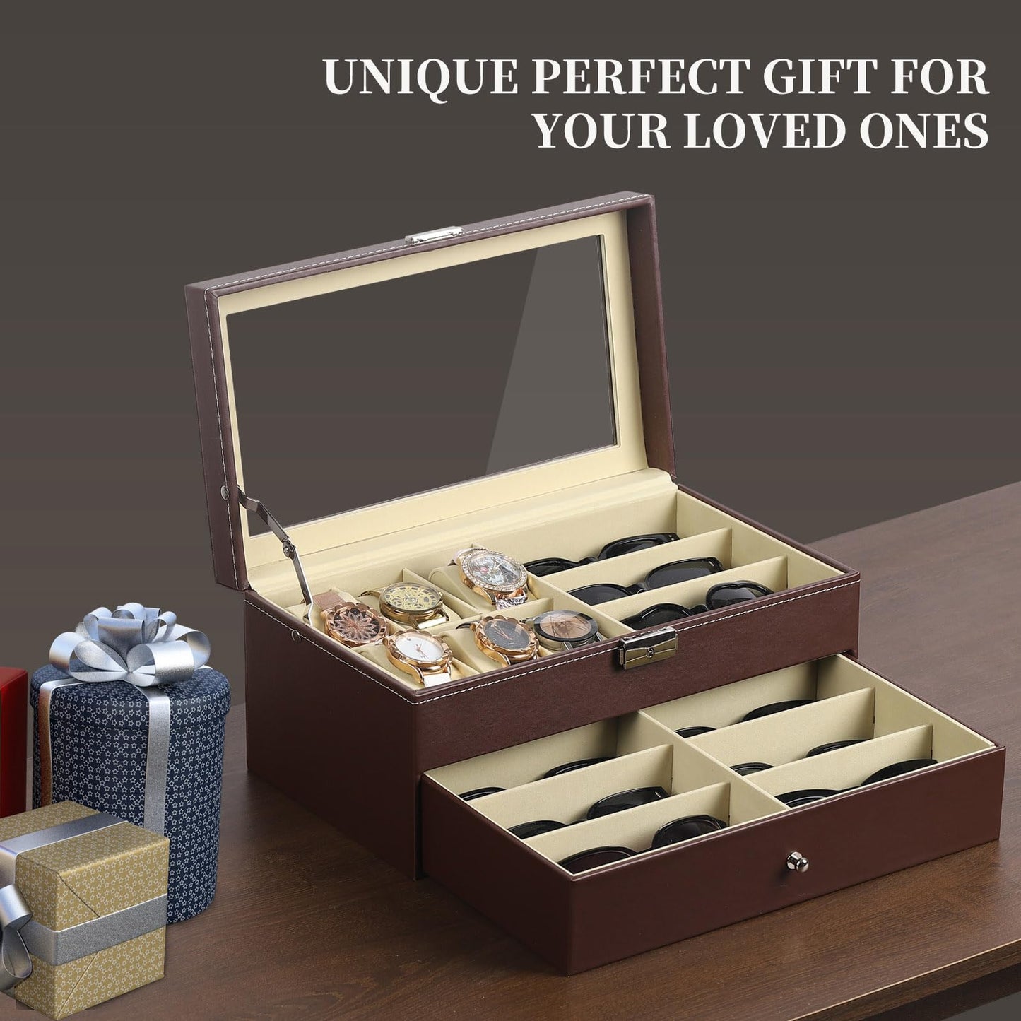 AUTOARK Leather 6 Watch Box Jewelry Case and 9 Piece Eyeglasses Storage and Sunglass Glasses Display Drawer Lockable Case Organizer,Brown,AW-130