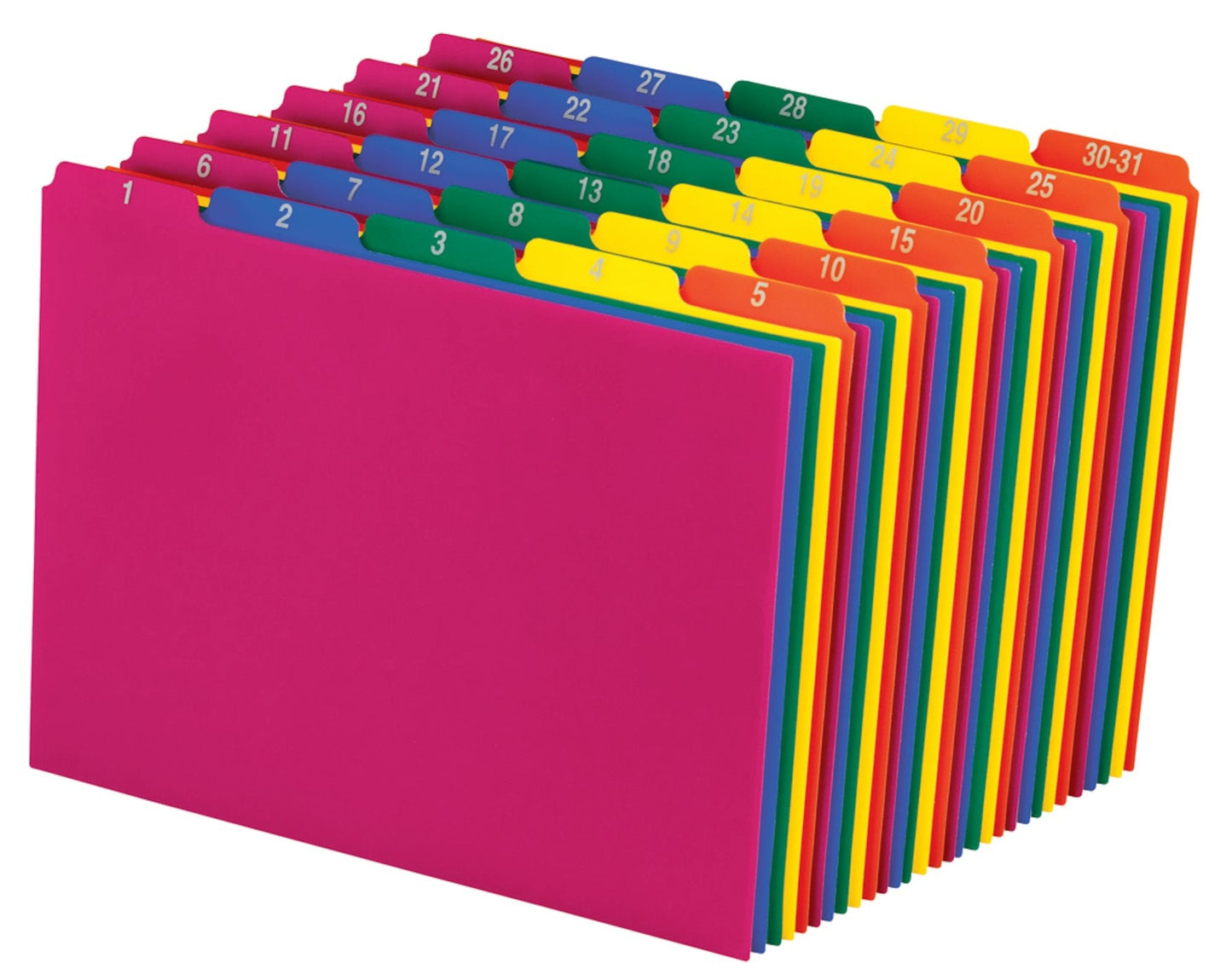Pendaflex 40143 Top Tab File Guides, Daily/1-31, 1/5 Tab, Polypropylene, Letter (Set of 31), Blue, Green, Magenta, Strawberry, Yellow