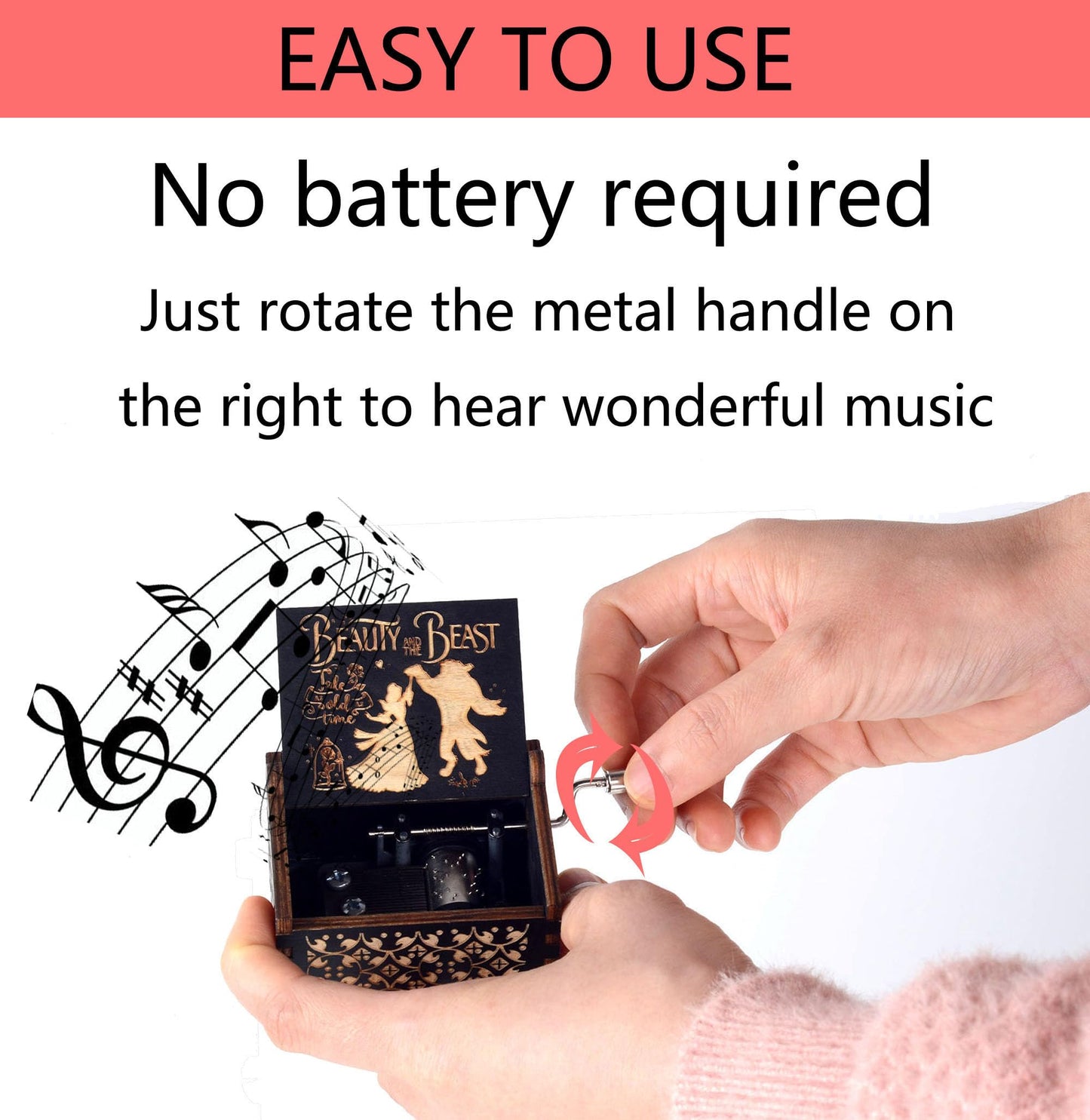 Ddjbdb Beauty Music Box Beast, 18 Note Mechanism Antique Carved Wooden Hand Crank Musical Box Crafts,Valentine Christmas Birthday Gift for Her Wife Girlfriend