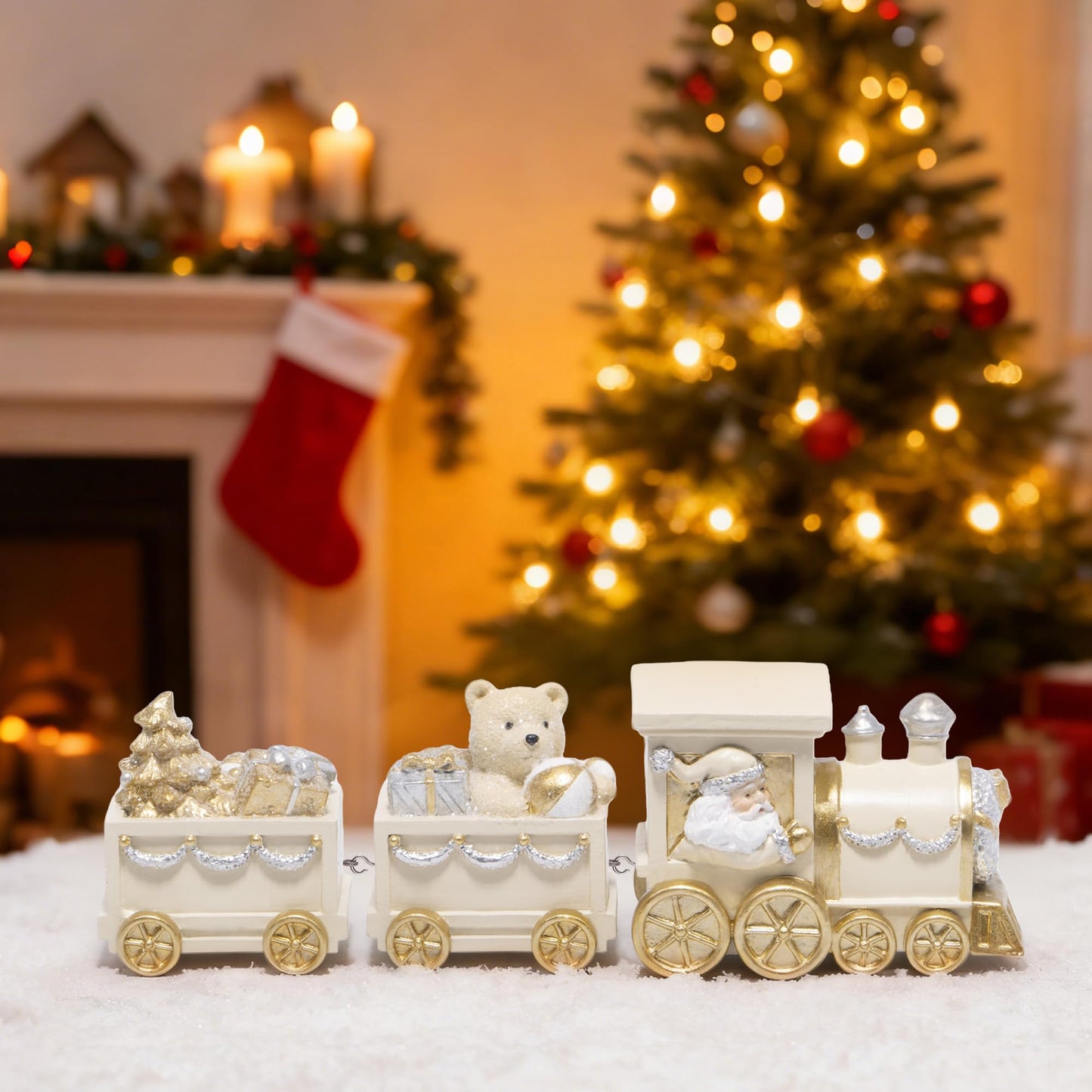 Hodao White Gold Christmas Train Decorations – Elegant Hand-Painted Resin Santa Claus and Teddy Bear Train, Luxury Ornament for Tabletop, Mantel, Home Christmas Decor Display