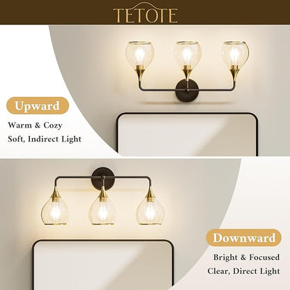TETOTE 2-Light Modern Bathroom Light Fixtures, 2 Light Vanity Lights Over Mirror Black & Gold Wall Lamp with Clear Glass for Bathroom, Mirror, Living Room, Bedroom, Hallway