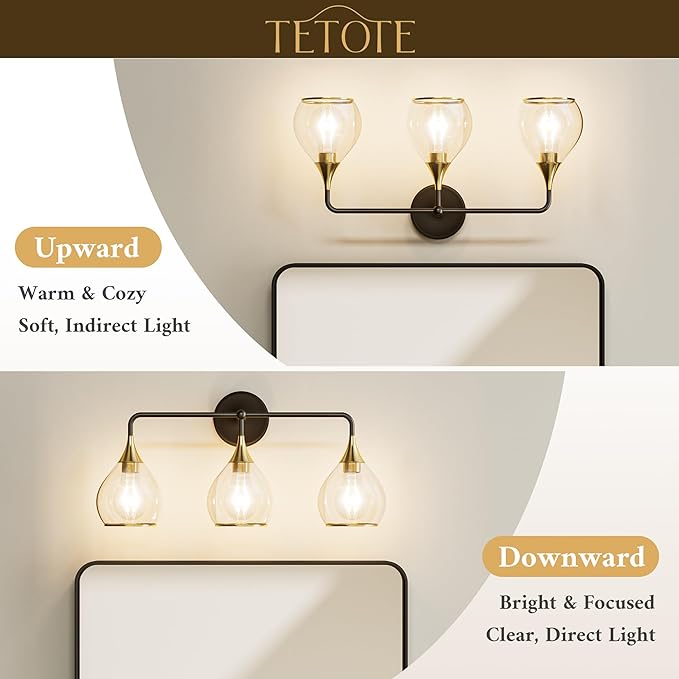 TETOTE 4-Light Modern Bathroom Light Fixtures, 4 Light Vanity Lights Over Mirror Black & Gold Wall Lamp with Clear Glass for Bathroom, Mirror, Living Room, Bedroom, Hallway