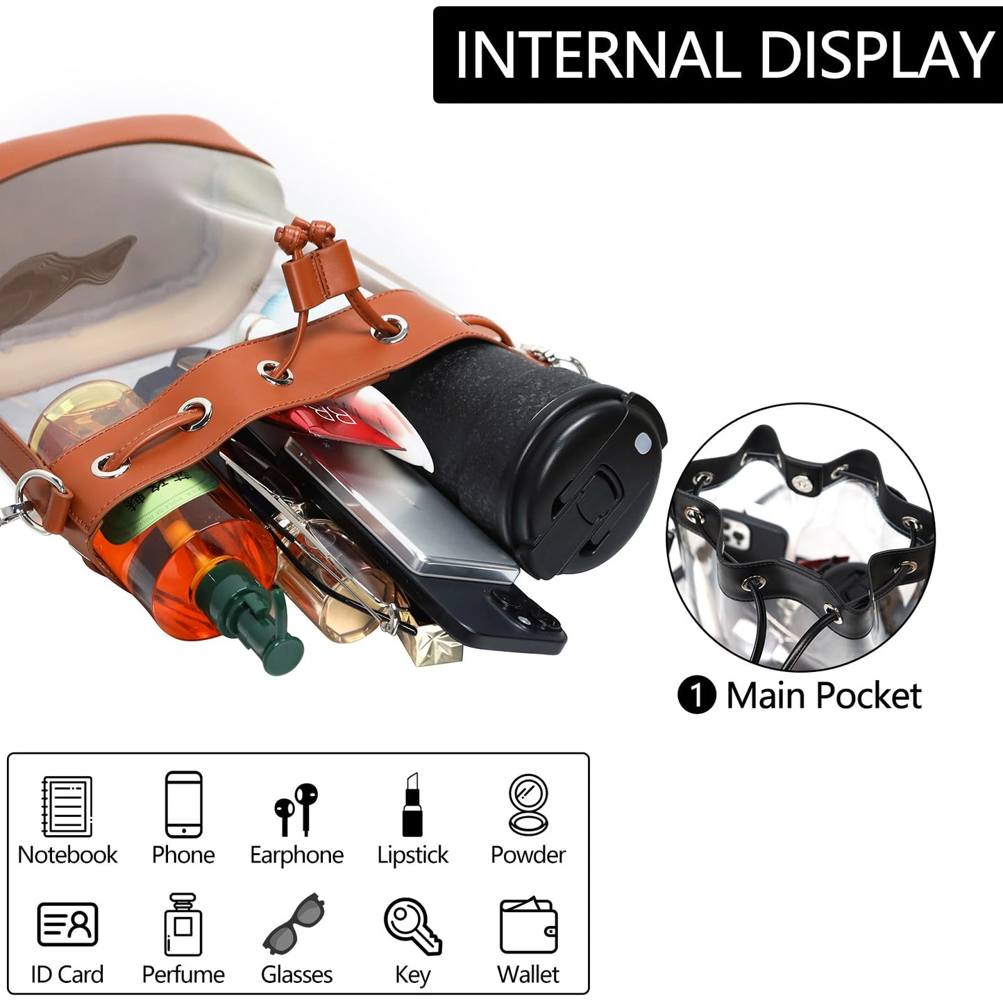 ArtiSoul Clear Bag for Stadium Approved, Clear Crossbody Bucket Bag Transparent PVC Purse for Women, Concert Stadium Events (Brown)