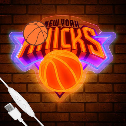 Basketball Team Neon Sign, Sport Light Up Dimmable New Yok Basketball Team Logo Hanging USB Powered Led Neon Sign for Wall Decor, Bedroom, Man Cave, Party, Birthday Party Christmas Merch Deco Gift for Boys New Yok Fans