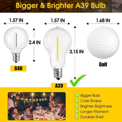 Larkvue 100FT LED Outdoor String Lights, Waterproof Patio Lights with 32 Shatterproof Dimmable 2700K A39 Bulbs Hanging Lighting for Outside Backyard