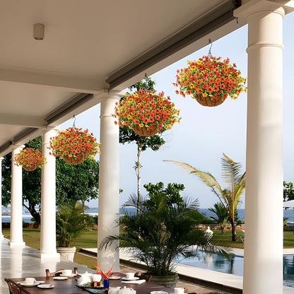 Artificial Faux Hanging Plants Flowers Basket for Fall Outdoor Decoration, Fake Silk Daisy in Planter Realistic UV Resistant Look Real for Porch Home Patio Balcony Yard(Red Orange Yellow)